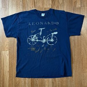 Screen Stars 90s Leonardo Da Vinci Bicycle Graphic T-Shirt Navy Blue Mens Large